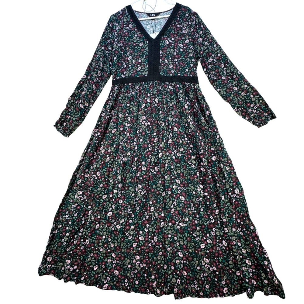 Long Tall Sally Floral Maxi Dress Women Size 10 Black Lace Trim Boho Cottagecore